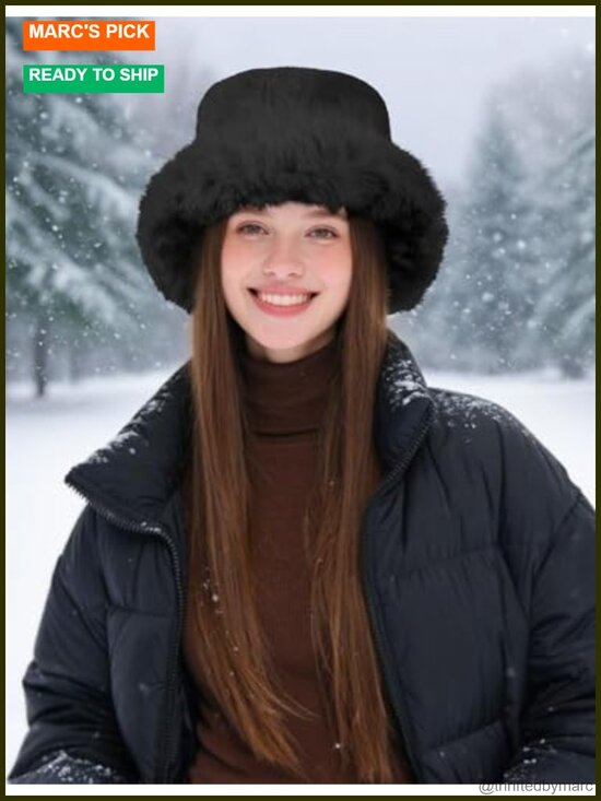 Faux Fur Bucket Hat for Women Winter Wide Brim Fluffy Warm Snow Cap